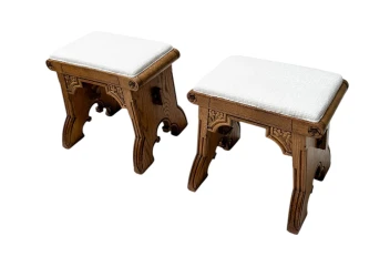 Arts & Crafts Hand-Carved Oak Stools with Boucle Upholstery, 1900s
